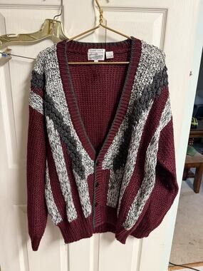 Sears 80's Hand Knit Chunky Oversized Cardigan Sweater Red Gray L 50w Grandpa